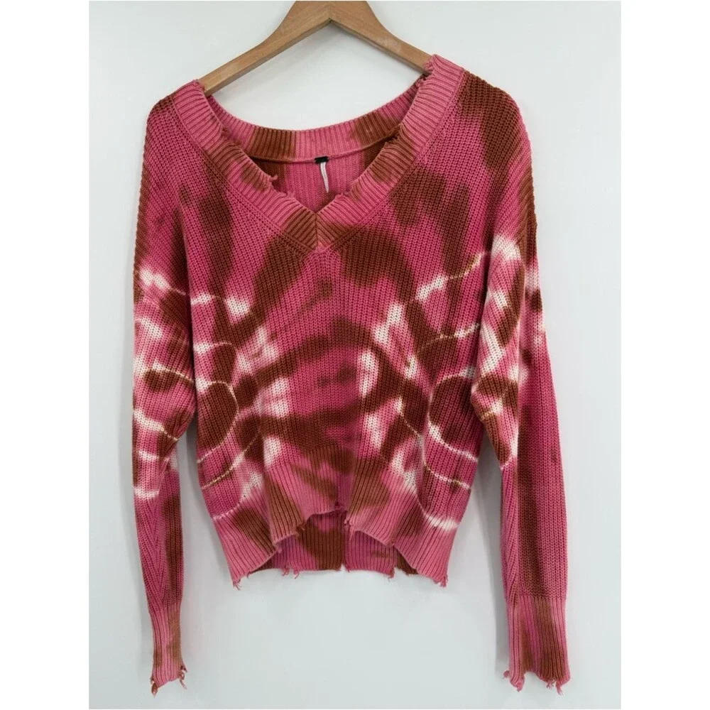 Young Fabulous & Broke Tie Dye Distressed V-Neck Sweater | Pink Multi | Small